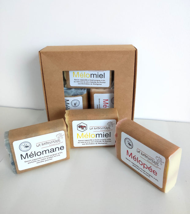Coffret 3 savons: Mélomane - Mélomiel - Mélopée avec 2 loofah offert
