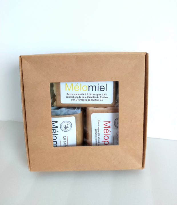 Coffret 3 savons: Mélomane - Mélomiel - Mélopée avec 2 loofah offert