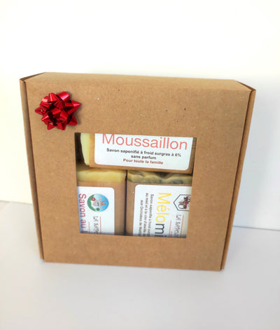 Coffret 3 savons: Mélomiel - chèvre - Moussaillon avec 2 loofah offert